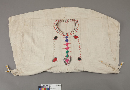 Hearst Museum object titled Robe, accession number 5-3098, described as Cotton robe; Binjima; red and black trim around; neck; multi-colored designs down front.