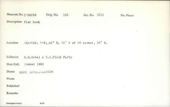 Documentation associated with Hearst Museum object titled Fishhook, accession number 1-95286, described as Fish hook