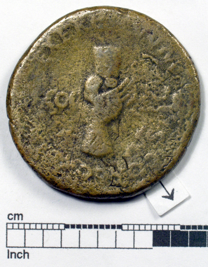 Hearst Museum object 2 of 14 titled Coin: æ sestertius, accession number 8-6029, described as Coin: Sestertius; Æ; Nerva - 21.49 grams. Obverse: IMP[NERVA CAES] AVG    PM TRP COS III PP - Head laureate facing right. Reverse: CONCORDIA EXERCITVVM-  SC; clasped hands holding legionary eagle set on prow facing left.