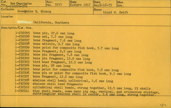 Documentation associated with Hearst Museum object titled Fishhook, accession number 1-232299, described as Bone point for composite fish hook