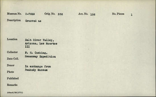 Documentation associated with Hearst Museum object titled Axe, accession number 2-7653, described as Grooved axe