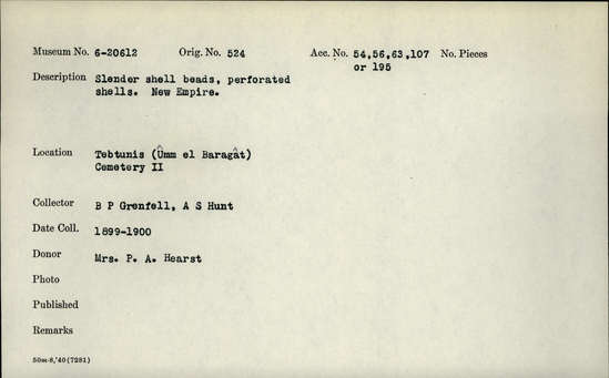 Documentation associated with Hearst Museum object titled Beads, accession number 6-20612, described as slender shell beads, perforated shells. New Empire