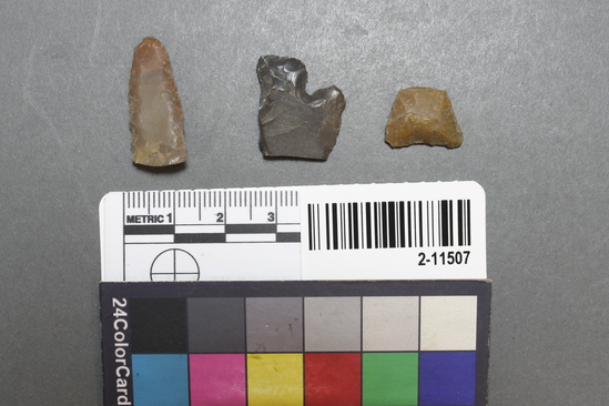 Hearst Museum object titled Arrowhead fragments and flint, accession number 2-11507, described as Three fragments.