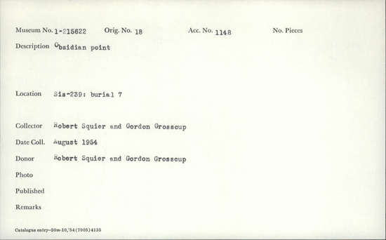 Documentation associated with Hearst Museum object titled Point, accession number 1-215622, described as Obsidian.