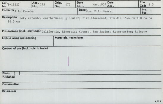 Documentation associated with Hearst Museum object titled Pot, accession number 1-11127, described as pot