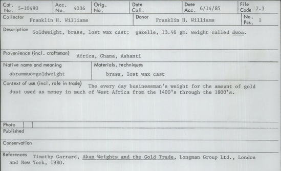 Documentation associated with Hearst Museum object titled Gold weights, fish, accession number 5-10490, described as Gold weight, brass, lost wax cast; gazelle, 13.46 gm. weight called dwoa.
