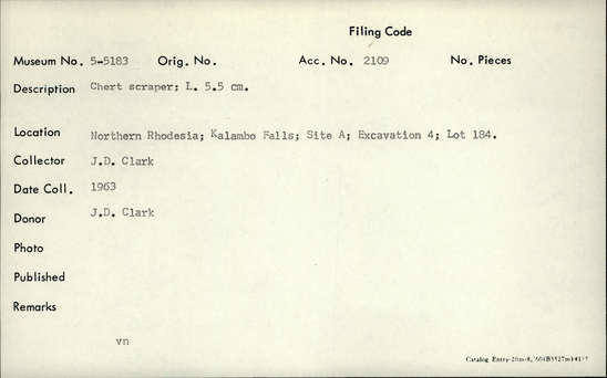 Documentation associated with Hearst Museum object titled Scraper, accession number 5-5183, described as Chert scraper; L. 5.5 cm