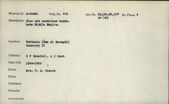 Documentation associated with Hearst Museum object titled Beads, accession number 6-20892, described as blue and carnelian beads. Late Middle Empire