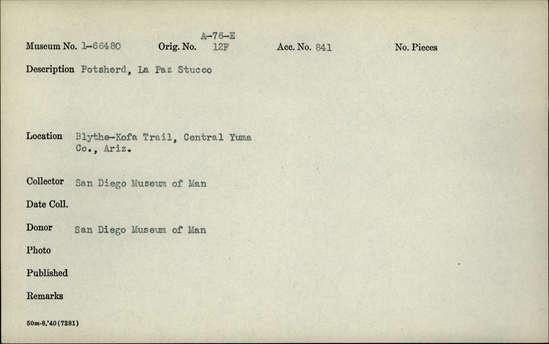 Documentation associated with Hearst Museum object titled Potsherd, accession number 1-66480, described as potsherd