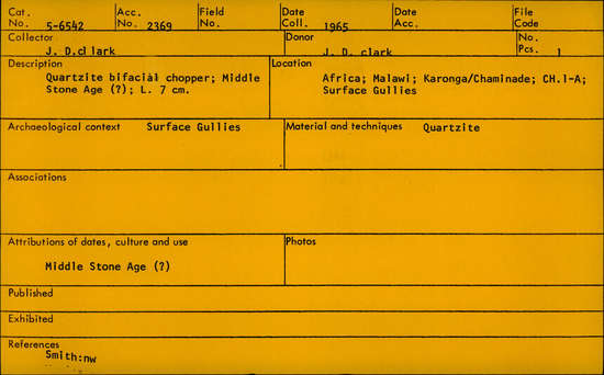 Documentation associated with Hearst Museum object titled Chopper, accession number 5-6542, described as quartzite bifacial chopper