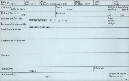 Documentation associated with Hearst Museum object titled Audio recording, accession number 24-2570, described as Grinding Song