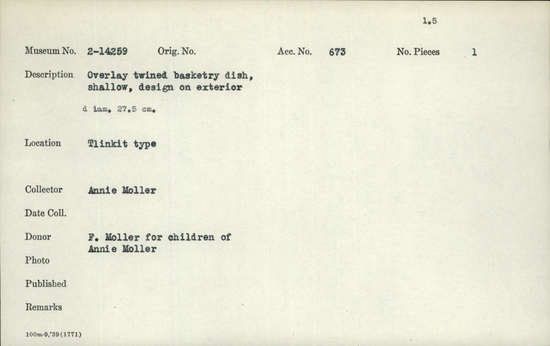Documentation associated with Hearst Museum object titled Basket, accession number 2-14259, described as Overlay, twined dish, shallow, design on exterior.