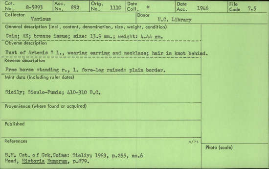 Documentation associated with Hearst Museum object titled Coin: æ, accession number 8-5893, described as Coin; Æ; bronze issue; size: 13.9 mm.; weight: 4.44 gm. Obverse: Bust of Artemis? (Latin: Diana) facing left, wearing earring and necklace; hair in knot behind. Reverse: Free horse standing facing right, left fore-leg raised: plain border.