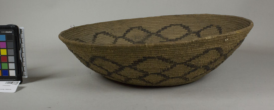 Hearst Museum object 2 of 2 titled Basket, accession number 1-11065, described as Shallow. Design of three rows of hexagons, called rattlesnake pattern.