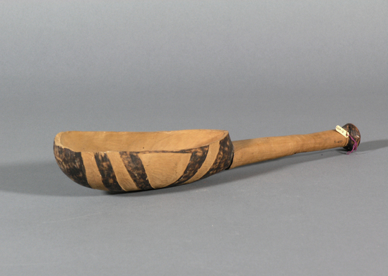 Hearst Museum object titled Beer ladle, accession number 5-697, described as Beer ladle with criss cross designs on spoon