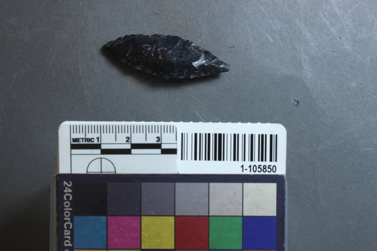 Hearst Museum object titled Projectile point, accession number 1-105850, described as Obsidian projectile point.