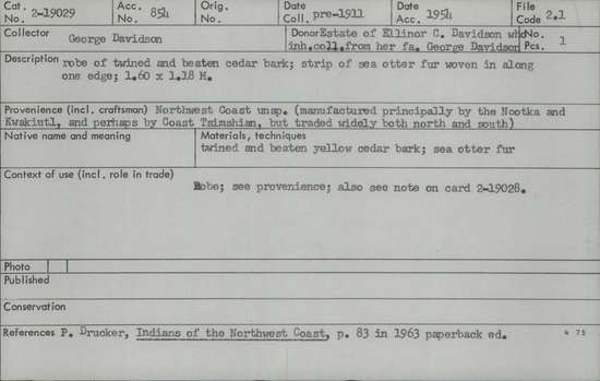 Documentation associated with Hearst Museum object titled Robe, accession number 2-19029, described as Of twined and beaten yellow cedar bark, strip of sea otter fur woven in along one edge.