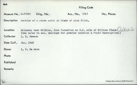 Documentation associated with Hearst Museum object titled Stone tool fragment, accession number 2-37015, described as Section of a crude point of blade of pink flint