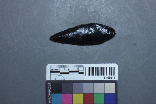 Hearst Museum object titled Projectile point, accession number 1-106019, described as Obsidian projectile point.