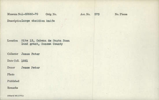 Documentation associated with Hearst Museum object titled Knife, accession number 1-22669, described as Large obsidian knife