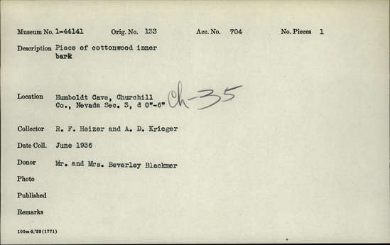 Documentation associated with Hearst Museum object titled Bark, accession number 1-44141, described as Piece of cottonwood inner bark.