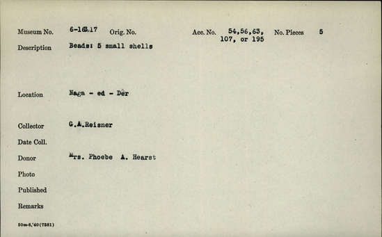 Documentation associated with Hearst Museum object titled Beads, accession number 6-16317, described as Beads: 5 small cowrie shells.