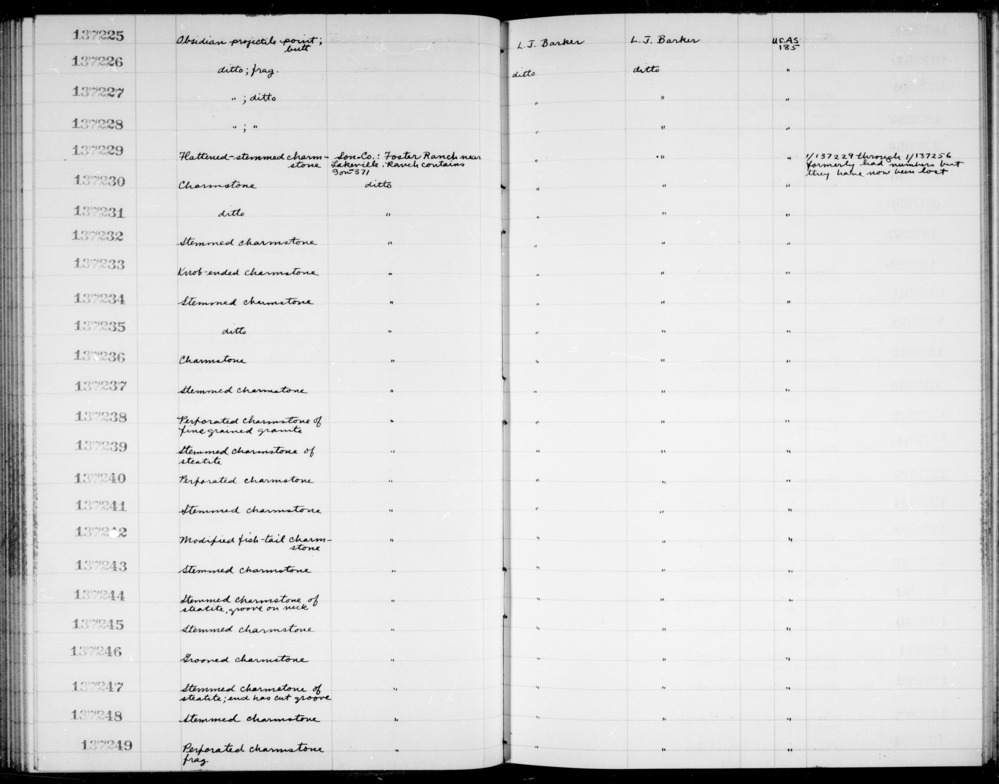 Documentation associated with Hearst Museum object titled Charmstone, accession number 1-137238, described as Perforated, of fine grained granite charmstone.  1-137229 through 1-137256 formerly had numbers but they have now been lost.