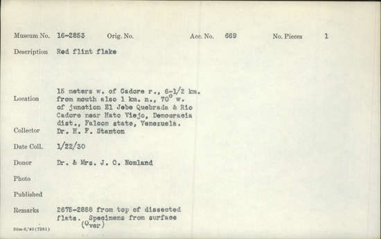 Documentation associated with Hearst Museum object titled Flake, accession number 16-2853, described as Red flint flake