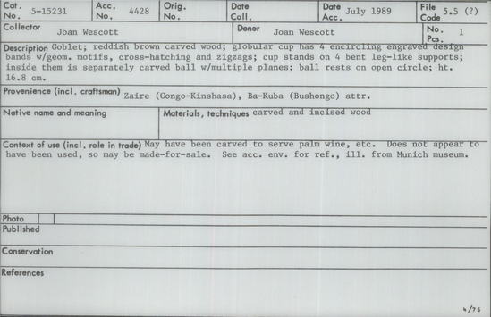 Documentation associated with Hearst Museum object titled Wood carved vessel, accession number 5-15231, described as Goblet- may have been carved to serve palm wine (may not have been used)