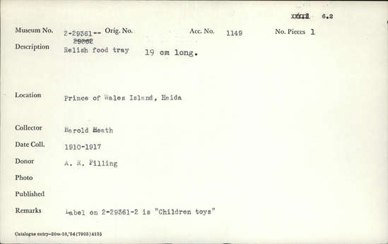 Documentation associated with Hearst Museum object titled Tray, accession number 2-29361, described as Relish food tray.