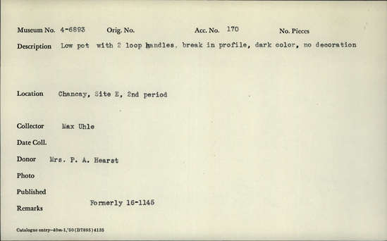Documentation associated with Hearst Museum object titled Broken pot with handle, accession number 4-6893, no description available.