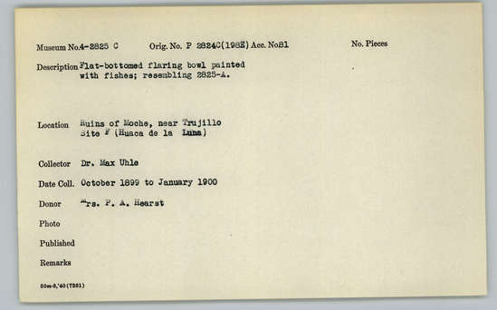 Documentation associated with Hearst Museum object titled Bowl fragments, accession number 4-2825c, described as Flat-bottomed flaring bowl painted with fishes; resembling 2825-A