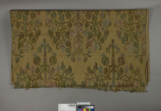 Hearst Museum object titled Textile, accession number 2-62484, described as Strip; silk?, double cloth, plain weave with twill, varicolored, tree, floral, bird motives