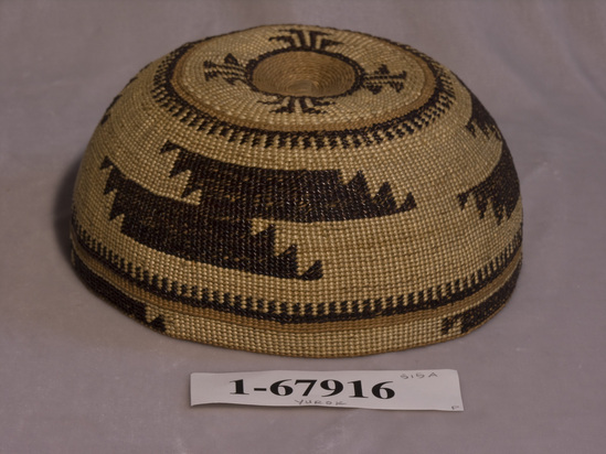 Hearst Museum object titled Hat, accession number 1-67916, described as Twined basketry. Unfinished on inside.