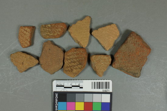 Hearst Museum object titled Pottery, accession number 5-8271, described as Sherds; stamping or cording on outside