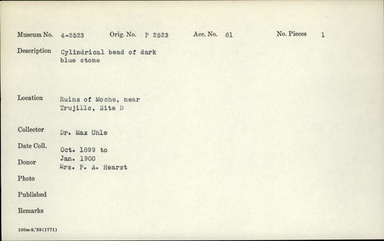 Documentation associated with Hearst Museum object titled Bead, accession number 4-2523, described as Cylindrical bead of dark blue stone.