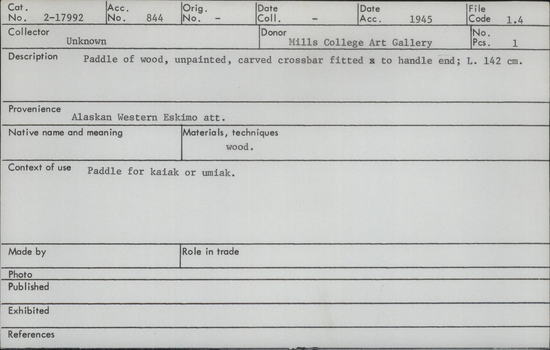 Documentation associated with Hearst Museum object titled Paddle, accession number 2-17992, described as Paddle of wood, unpainted, carved crossbar fitted to handle end.