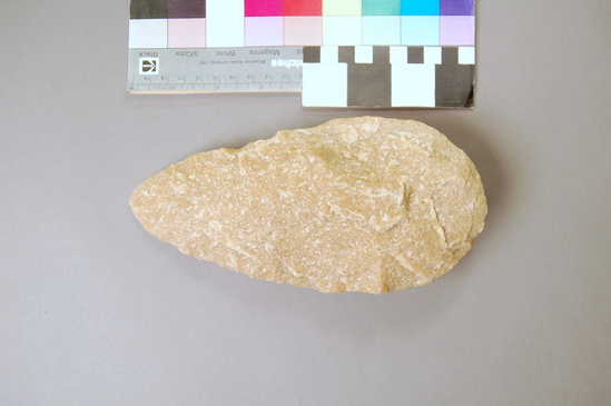 Hearst Museum object 3 of 3 titled Handaxe, accession number 5-4865, described as Quartzite handaxe; length: 20 cm