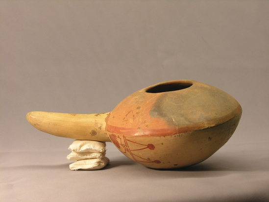 Hearst Museum object 5 of 13 titled Bowl w/ handle, accession number 4-2780, described as Ladle-like bowl with straight handle, birds in red on bottom near handle