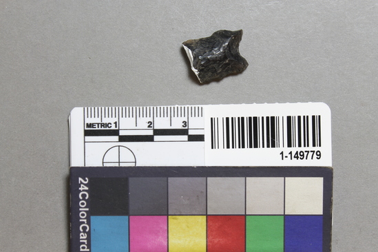 Hearst Museum object titled Point fragment, accession number 1-149779, described as Obsidian projectile, parallel sides, concave base