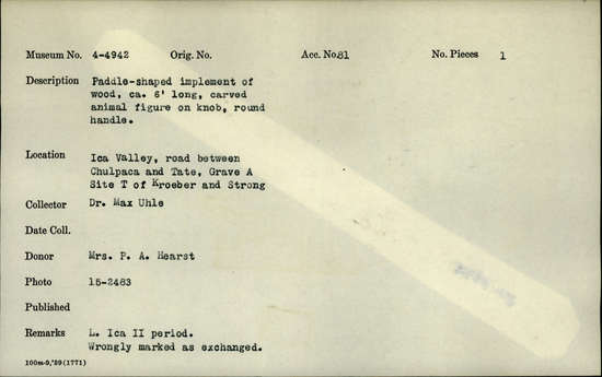 Documentation associated with Hearst Museum object titled Paddle-shaped implement, accession number 4-4942, described as Paddle-shaped implement of wood, ca. 6’ long, carved animal figure on knob, round handle