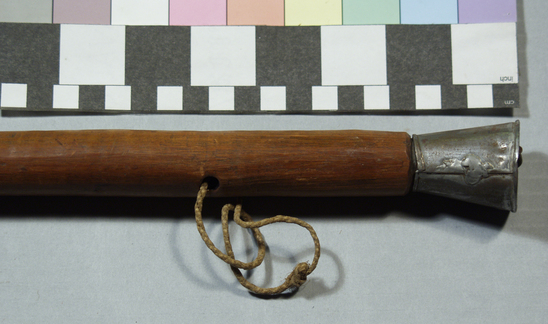 Hearst Museum object 2 of 2 titled Walking stick, accession number 3-27338, described as Staff/measure; tapered hard wood with tin head; tip cover missing; length 82.3 cm. Native name and meaning: vara del autoridad (staff of authority). Context of use: Both emblem of office of mayor (alcalde) and a measure. Sticks such as this, often w/ silver heads having the official's title and date engraved, are to be found virtually throughout Indian Guatemala. Also similar to those used in the early days of California. Similar to those used in Indian rancherias but not to those used in the pueblos / This example is