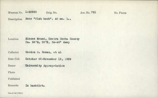 Documentation associated with Hearst Museum object titled Fishhook, accession number 1-53962, described as Made of bone.