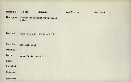 Documentation associated with Hearst Museum object titled Implement, accession number 4-6548, described as Wooden implement with three holes.