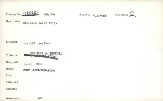 Documentation associated with Hearst Museum object titled Point fragment, accession number 1-197852, described as Obsidian.