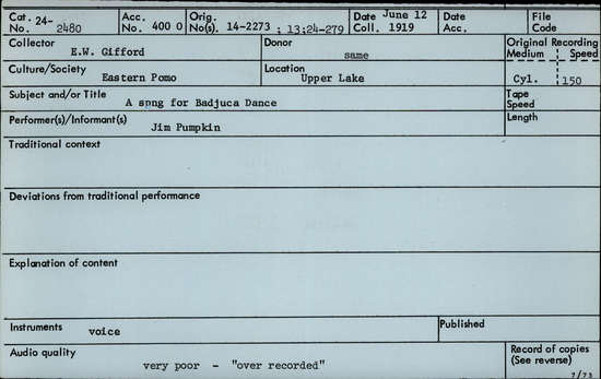 Documentation associated with Hearst Museum object titled Audio recording, accession number 24-2480, described as A Song for the Badjuca Dance