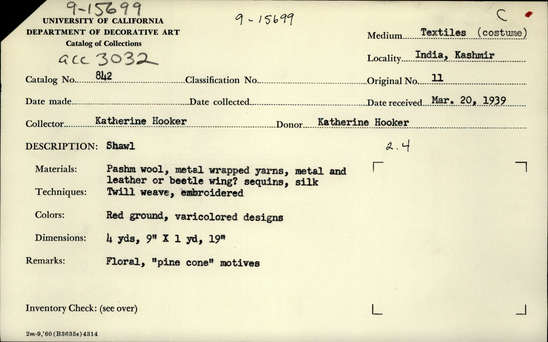 Documentation associated with Hearst Museum object titled Shawl, accession number 9-15699, described as Shawl.  Pashm wool, metal wrapped yarns, metal and leather or beetle wing? seqins, silk.  Twill weave, embroidered.  Red ground, varicolored designs.  Floral, "pine cone" motives.  4 yards, 9 inches by 1 yard, 19 inches.