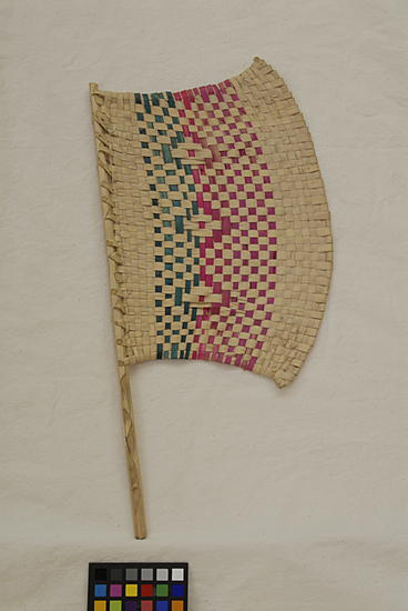 Hearst Museum object titled Fan, accession number 9-10958, described as fan; date palm straw, bamboo; red, green, & natural color; 40 cm length; 20.5 cm width