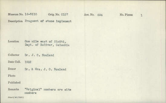 Documentation associated with Hearst Museum object titled Stone tool fragment, accession number 16-5510, described as Fragment of stone implement.