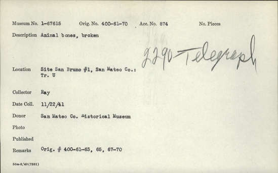 Documentation associated with Hearst Museum object titled Human and faunal remains, accession number 1-67615, described as Broken animal bones and human remains: infant and adult remains